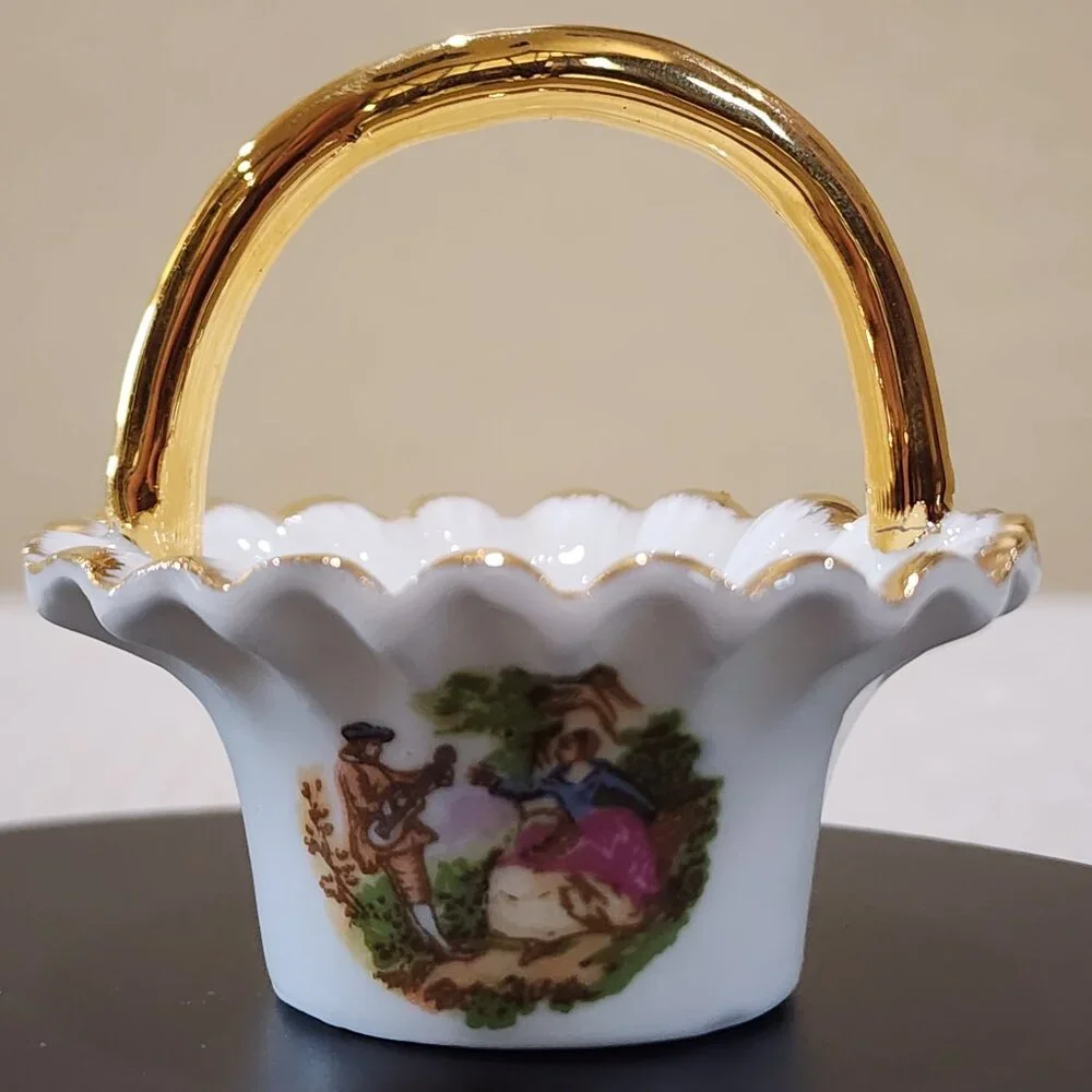 Courting Couple SALT Handled MINI Basket Vintage BRINTON Bone China Gold Accent